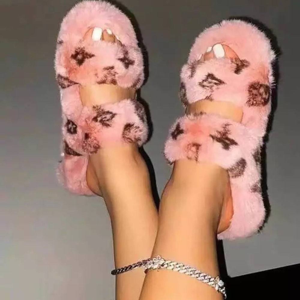 Pink Fluffy Platform Slippers